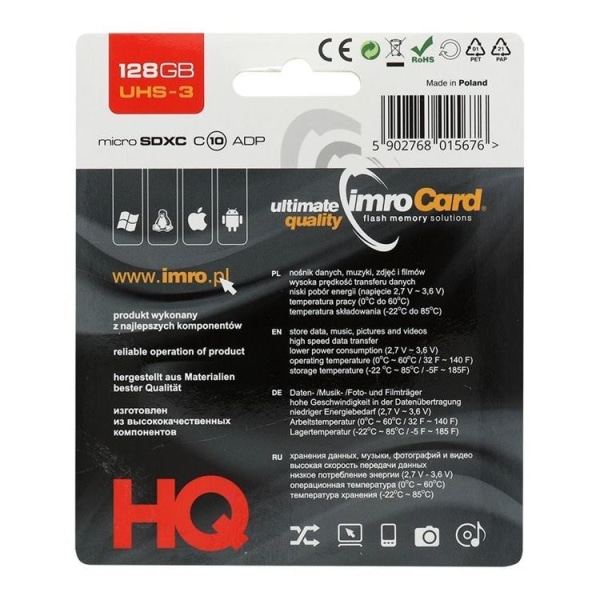 Imro Hukommelseskort MicroSD 128GB med Adapter UHS 3