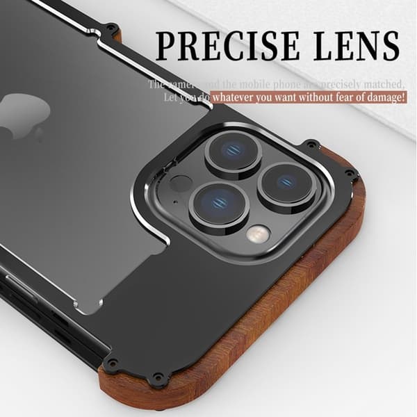 R-JUST Mobilskal till iPhone 14 Pro i Trä + Aluminiumlegering Svart
