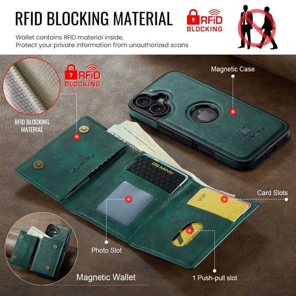DG.MING M6 Series Mobilskal till iPhone 17 Magnetiskt Plånboksfodral Grön