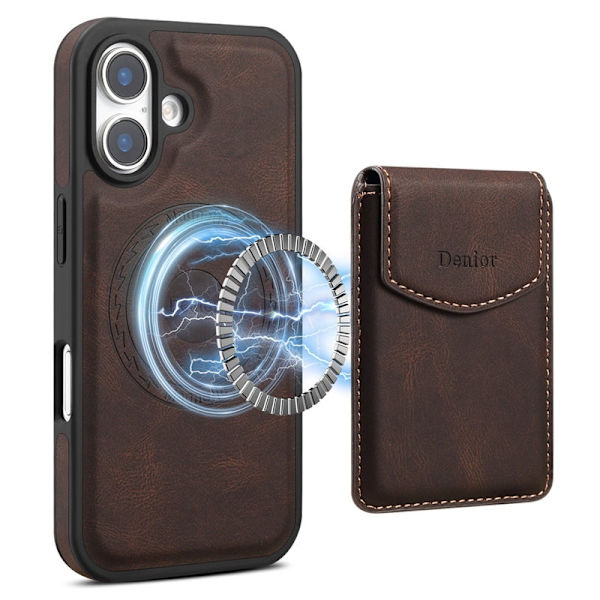 DENIOR D19 Mobilskal till iPhone 16 Plus Läder+PC+TPU Brun