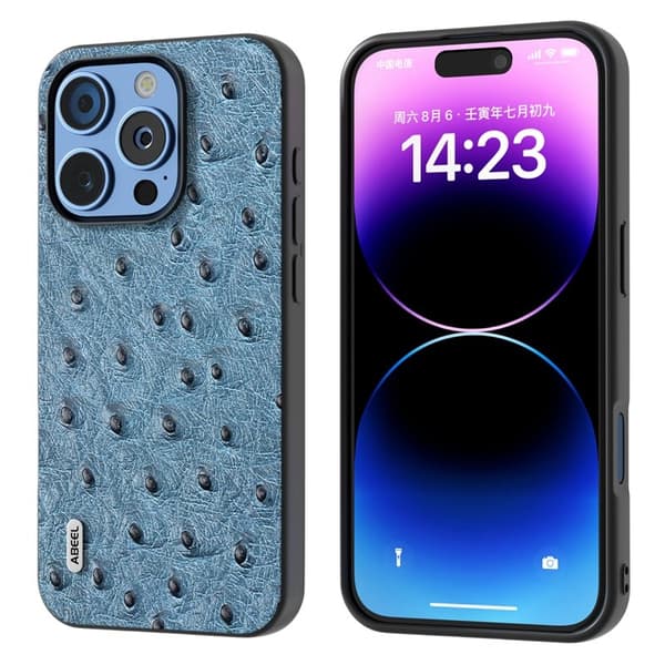 ABEEL Mobilskal till iPhone 16 Pro Max Ostrich Textur Äkta Läder Blå