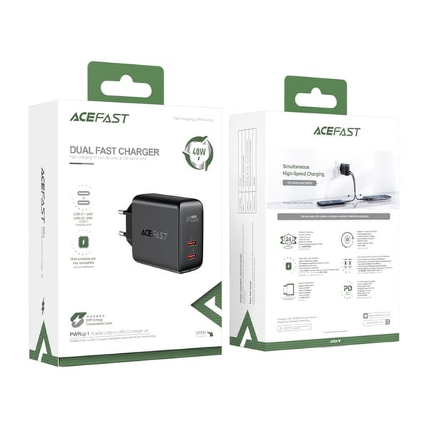 Acefast PD seinätelaturi 2x USB-C 40W - Musta Black