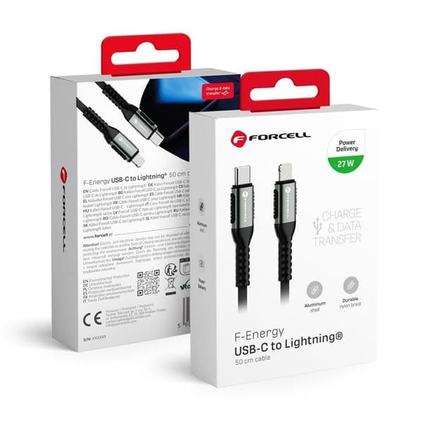 Forcell USB-C - Lightning 27W 3A Kabel 0.5m PD Cafule Svart Svart