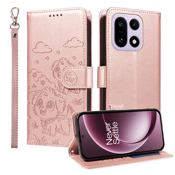 OnePlus 15 Konstläder Plånboksfodral RFID-Skydd Imprinted Dog Pattern Rosa