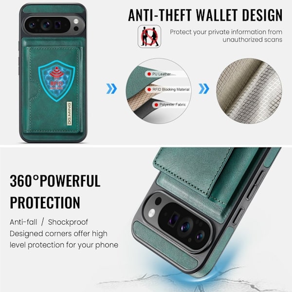 DG.MING M6 Series Konstläder Plånboksfodral för Google Pixel 9 Pro - Grön