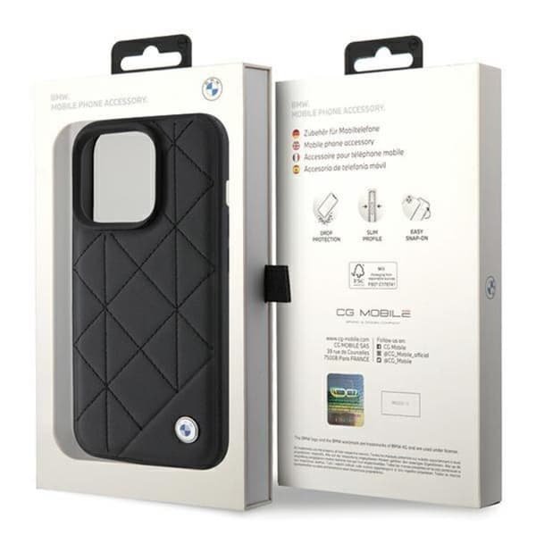 BMW iPhone 15 Pro Max -puhelinkuori nahkaa, tikattu - musta Black