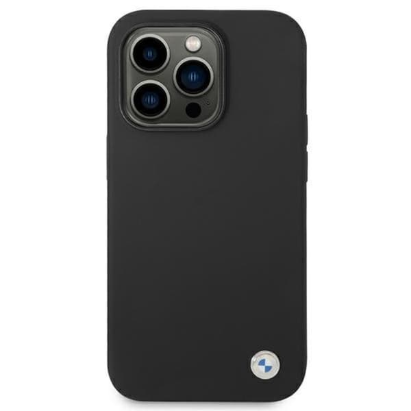BMW iPhone 14 Pro Max -kuori, silikoni, metallilogo - Musta Black