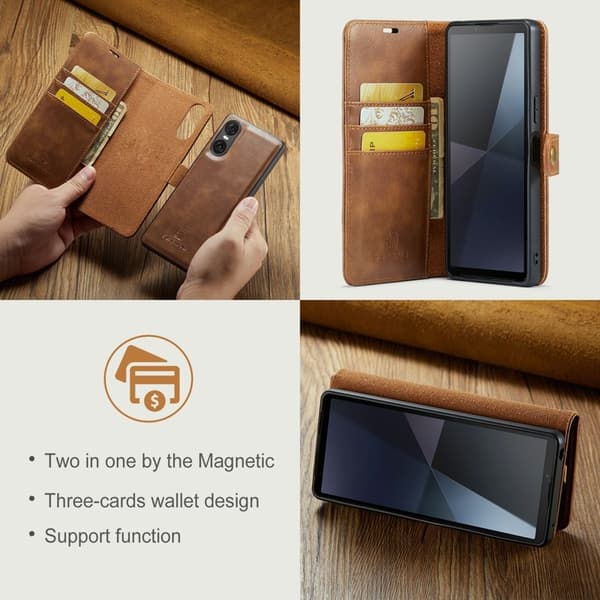 DG.MING Sony Xperia 10 VI Plånboksfodral 2 i 1 Avtagbar Äkta läder - Brun