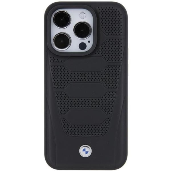 BMW iPhone 15 Pro -mobiilisuojan nahkaistuinten kuvio - musta