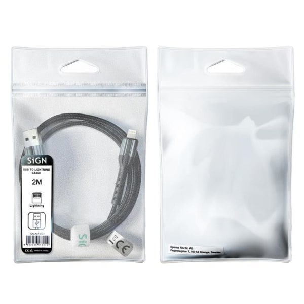 SiGN Kevlar USB-kabel med Lightning 1,5A, 2m - Grå/Sort