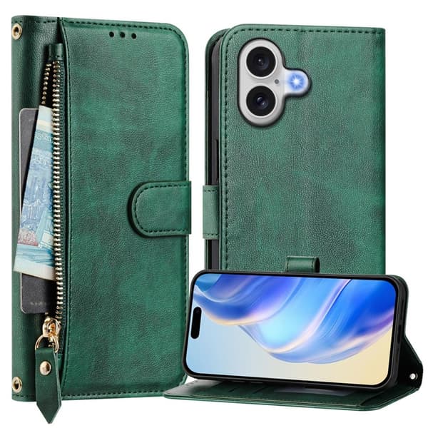 iPhone 17 Plånboksfodral Zipper Pocket Läder - Grön Grön