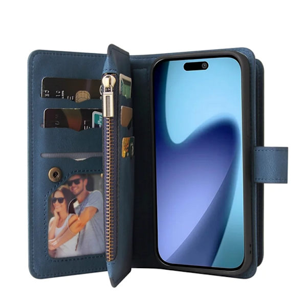 iPhone 17 Air Konstläder Plånboksfodral Zipper Rem Blå