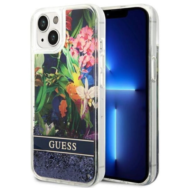 GUESS iPhone 14 Plus Cover Flower Liquid Glitter - Blå
