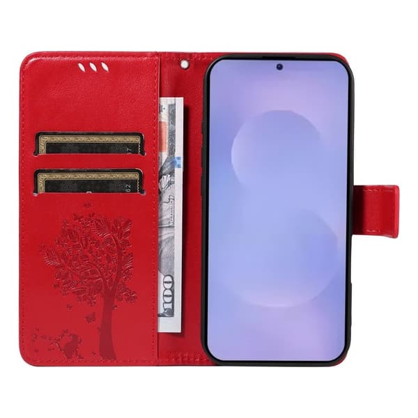 Samsung Galaxy S26 / S26 Pro Plånboksfodral Konstläder Kattträd - Röd