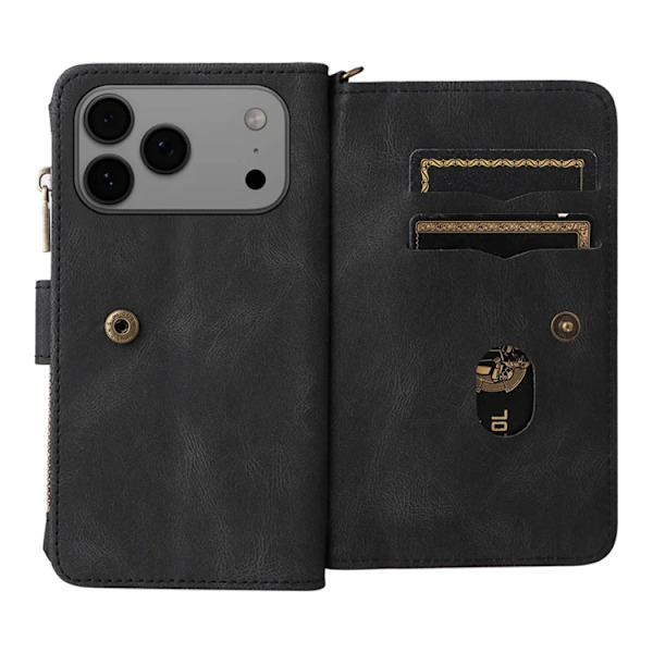 iPhone 17 Pro Konstläder Plånboksfodral Zipper Rem Svart