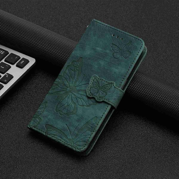 OnePlus 15 5G Konstläder Plånboksfodral Butterfly Skin-Touch Grön