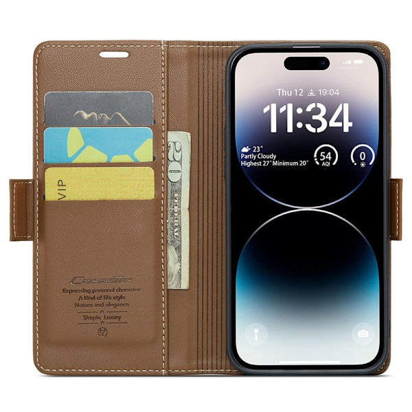 CASEME iPhone 15 Pro Max Plånboksfodral Konstläder RFID-Skydd Brun