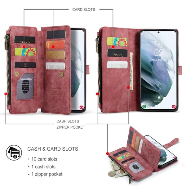 CASEME Konstläder Plånboksfodral för Samsung Galaxy S22+ 5G Röd