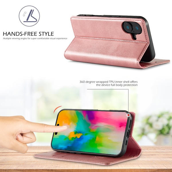 LC.IMEEKE iPhone 16 Plus Plånboksfodral Konstläder- Roséguld