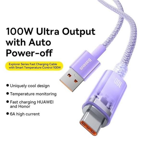 Baseus USB-C till USB-A kabel 2m 100W - Lila Lila