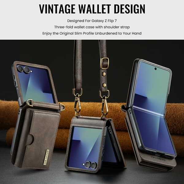 DG.MING M6 Series Samsung Galaxy Z Flip7 Konstläder Plånboksfodral - Brun