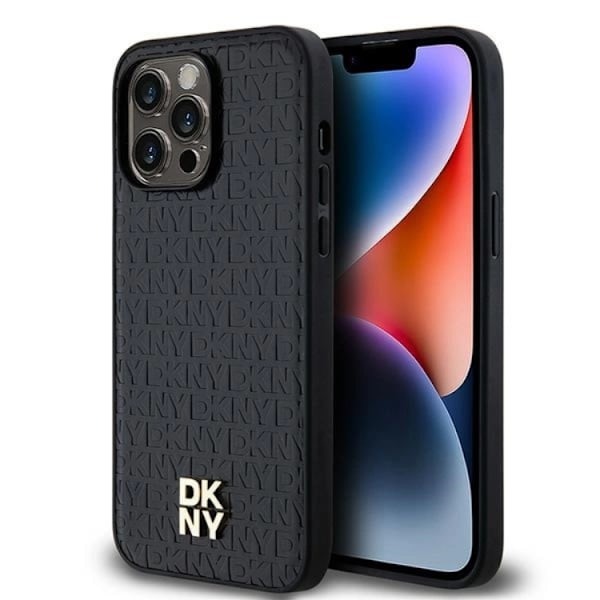 DKNY iPhone 14 Pro Max Mobilskal Magsafe Läder Pattern Metal Logo Svart