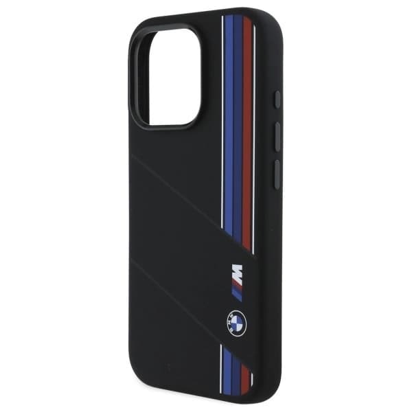 BMW telefontaske til iPhone 16 Pro Max MagSafe silikone Cut Tricolor-linjer Black