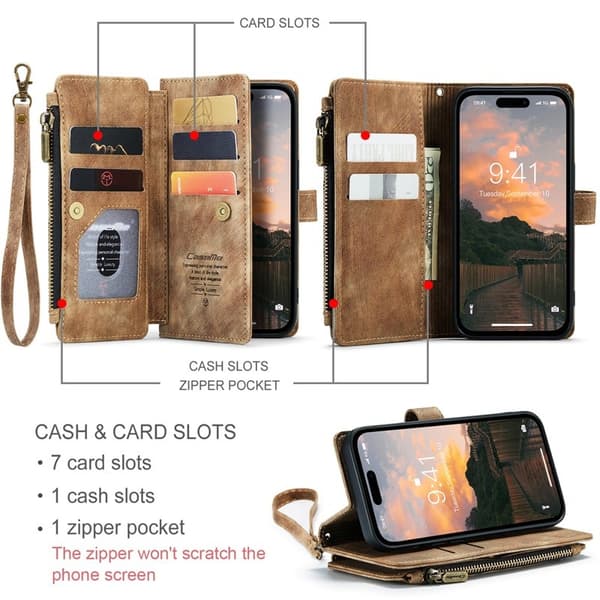 CASEME Konstläder Plånboksfodral för iPhone 15 Pro Max med Rem - Brun