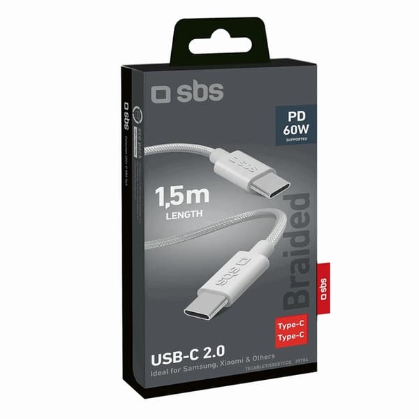 SBS USB-C til USB-C Kabel 1.5m 60W Flettet - Hvid