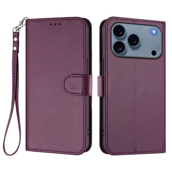 iPhone 17 Pro Plånboksfodral Läder med Handledsrem - Lila Lila