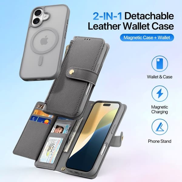 DUX DUCIS Lawa Series iPhone 16 Plus Plånboksfodral Äkta läder - Grå