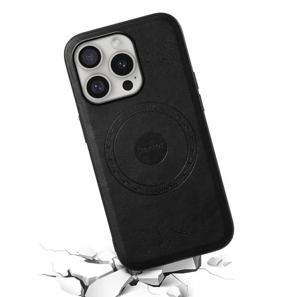 DENIOR A10 Mobilskal till iPhone 16 Pro Max Äkta Läder Svart