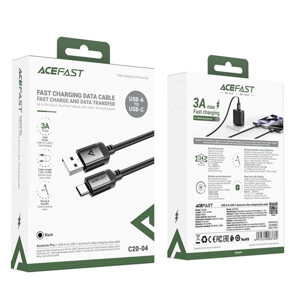 Acefast USB-A - USB-C 3A Kabel 1.2m 480Mb/s - Svart Svart