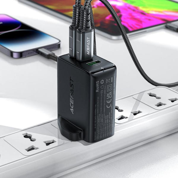 Acefast  UK Väggladdare 65W 1xUSB Till 2xUSB-C - Svart Svart