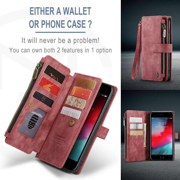 CASEME Konstläder Plånboksfodral för iPhone 6 Plus/6s Plus/7 Plus/8 Plus Röd