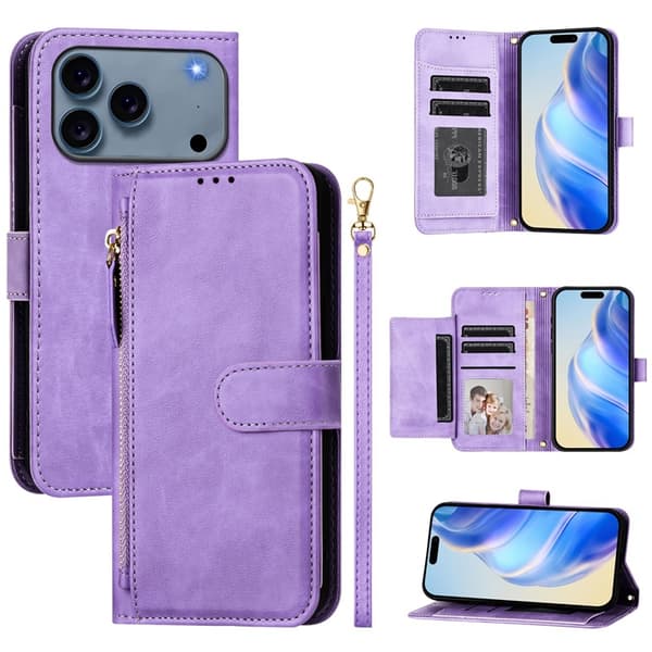 iPhone 17 Pro Plånboksfodral Zipper Pocket Läder - Lila Lila