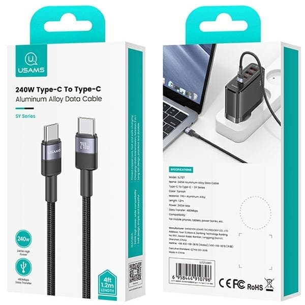 USAMS SY Series USB-C/USB-C Kabel flätad 240W 1,2 m SJ727USB01 – Stål