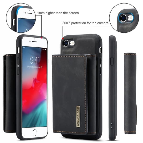DG.MING M1 2-in-1 Plånboksfodral Konstläder i Svart för iPhone 7/8/SE