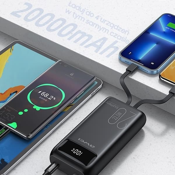 Awei Powerbank 20000mAh 22.5W m/USB-C/Lightning Kabel - Sort Black