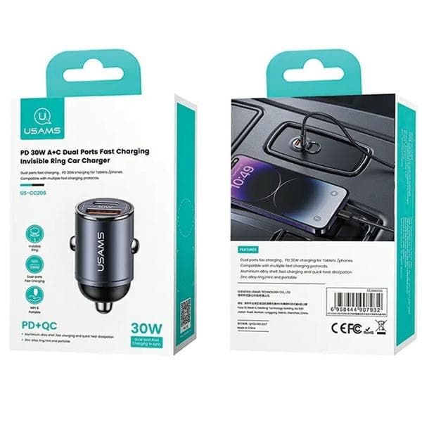 USAMS C38 Billaddare 30W 1xUSB-A 1xUSB-C - Lila