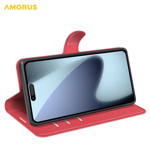 AMORUS iPhone 17 Konstläder Plånboksfodral Flipstativ Litchi - Röd Röd