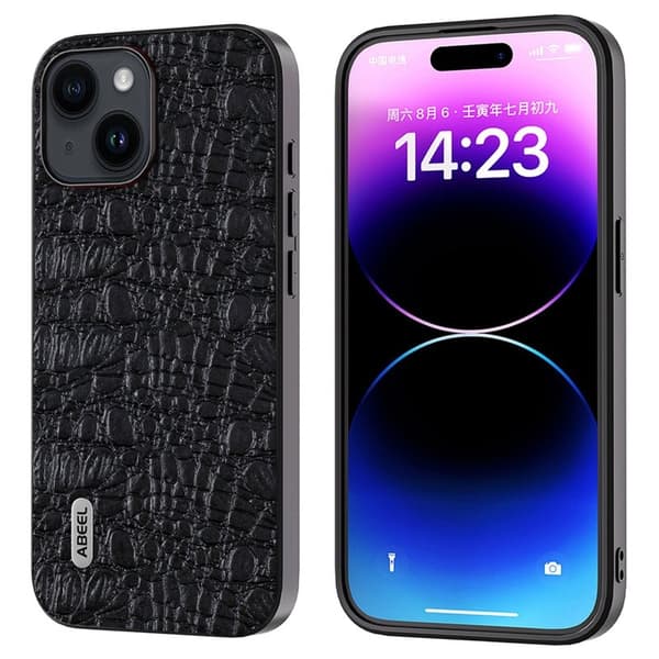 ABEEL Mobilskal till iPhone 15 Plus Canopy Textur Svart Äkta Läder