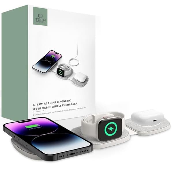 Tech-Protect 3-i-1 trådløs oplader Magsafe iPhone Apple Watch AirPods Grå