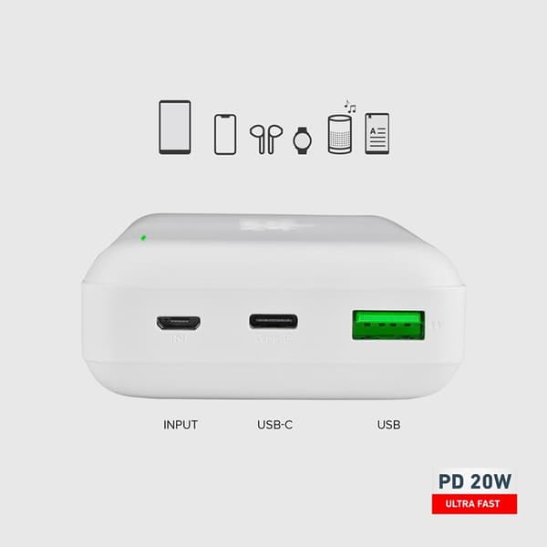SBS Powerbank 20000mAh Med MicroUSB - USB-C - USB-A - Vit Vit