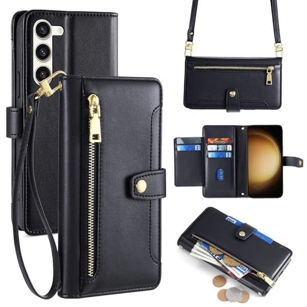 Galaxy S23 Plus Konstläder Plånboksfodral Crossbody Svart