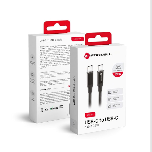 FORCELL USB-C till USB-C kabel QC4.0 PD100W / 4K / 20Gbit/s 1m Svart