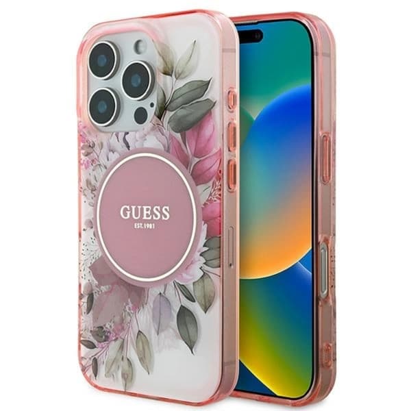 Guess Mobilskal till iPhone 16 Pro Max MagSafe IML Flower & Tonal Circle Rosa