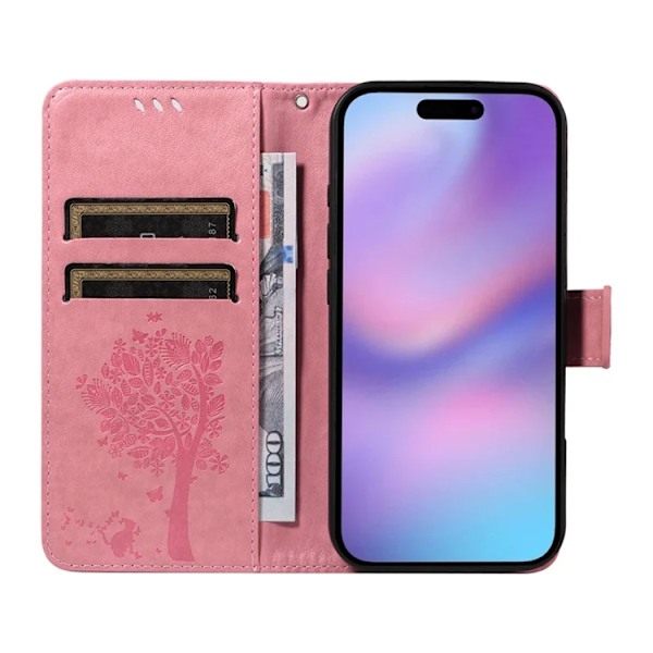 iPhone 17 Konstläder Plånboksfodral Tree Pattern - Rosa Rosa