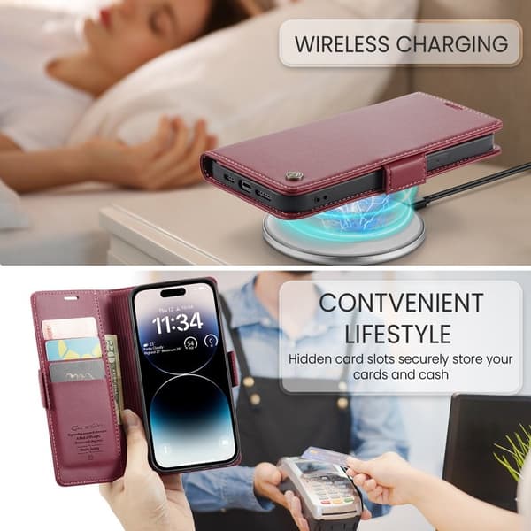 CASEME Plånboksfodral Konstläder för iPhone 14 Pro RFID-Skydd Röd