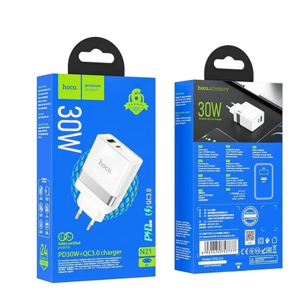 Hoco seinälaturi 2-porttinen USB/USB-C - valkoinen